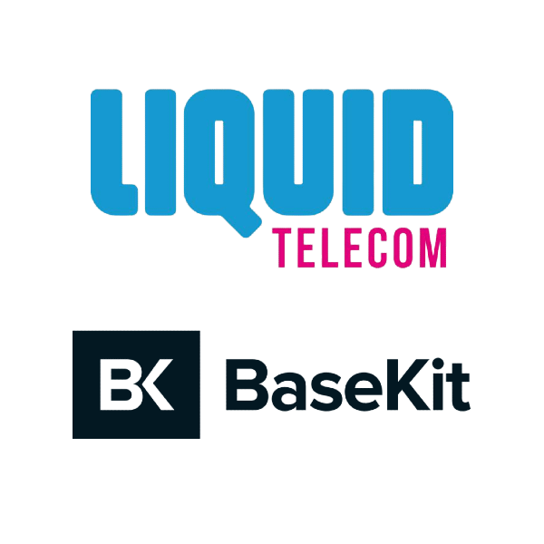 Blue and pink Liquid Telecom logo with black BaseKit logo