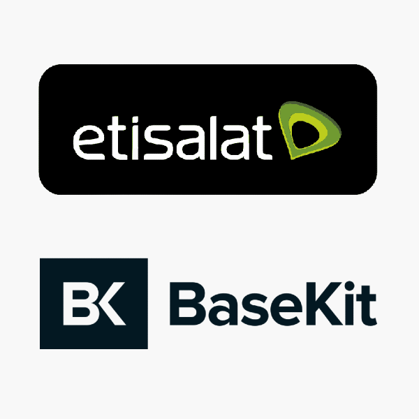 Black etisalat logo with black BaseKit logo